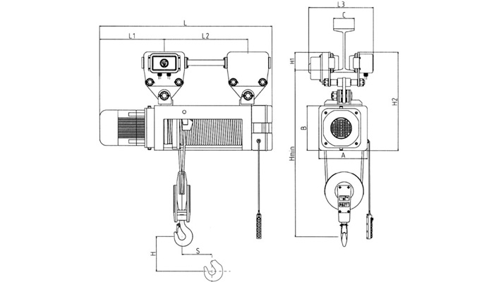 懸掛式鋼絲繩電動葫蘆結構尺寸圖